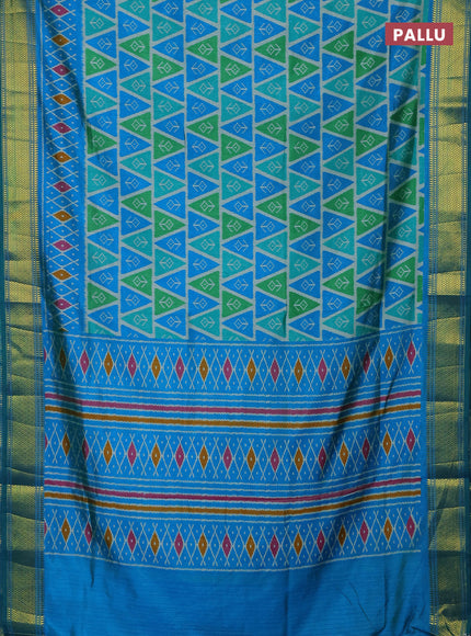Semi tussar saree teal green and cs blue with allover ikat prints and zari woven border