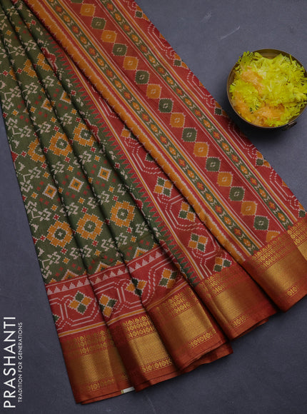 Semi tussar saree mehendi green and dark mustard with allover patola prints and zari woven border
