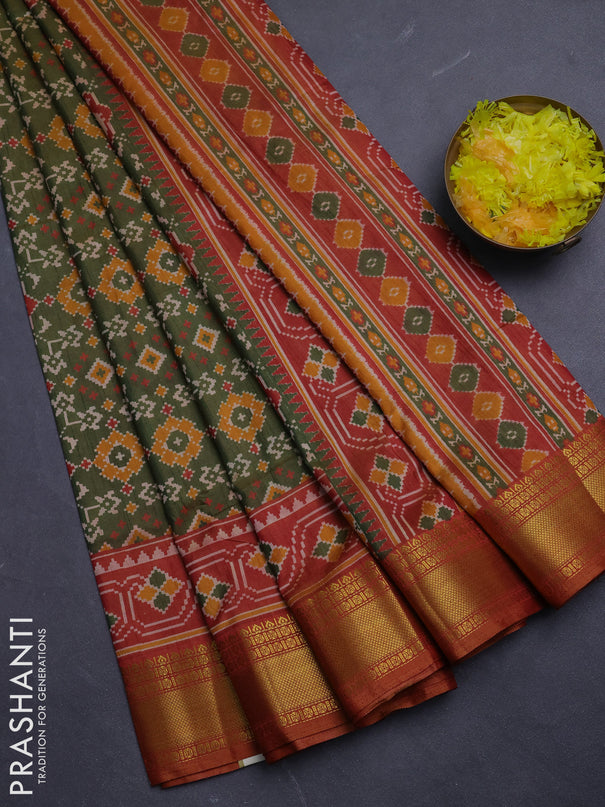 Semi tussar saree mehendi green and dark mustard with allover patola prints and zari woven border