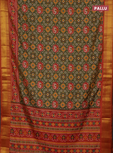 Semi tussar saree mehendi green and dark mustard with allover patola prints and zari woven border
