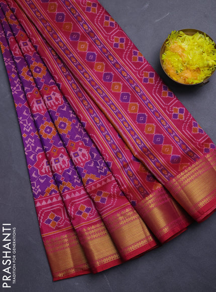 Semi tussar saree purple and pink with allover patola prints and zari woven border