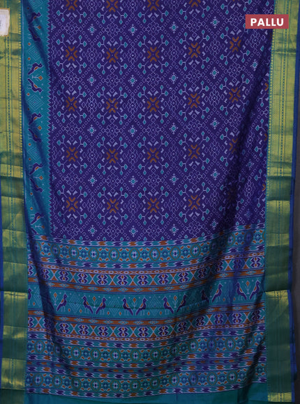 Semi tussar saree navy blue and teal green with allover ikat prints and temple design zari woven border