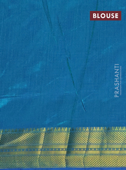 Semi tussar saree navy blue and teal green with allover ikat prints and temple design zari woven border