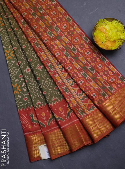 Semi tussar saree mehendi green and dark mustard with allover ikat prints and temple design zari woven border