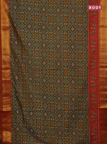 Semi tussar saree mehendi green and dark mustard with allover ikat prints and temple design zari woven border