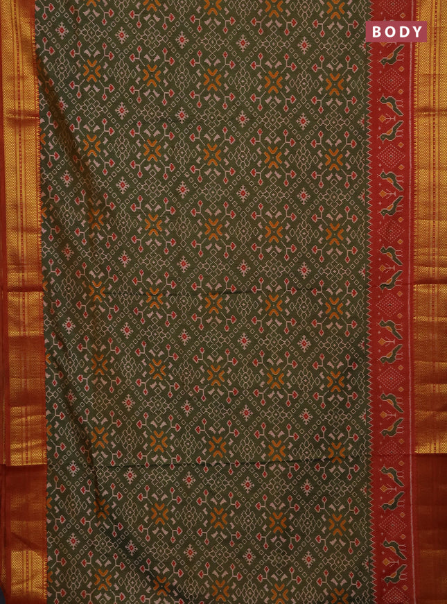 Semi tussar saree mehendi green and dark mustard with allover ikat prints and temple design zari woven border