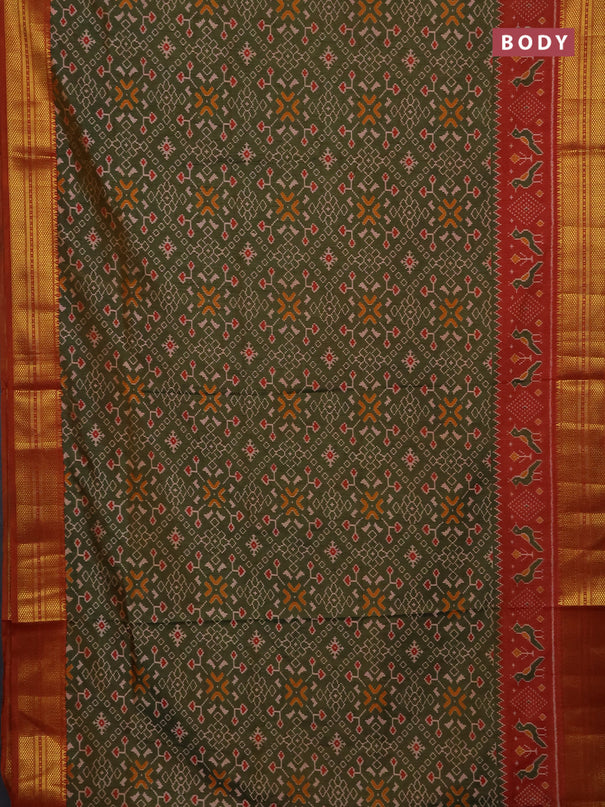 Semi tussar saree mehendi green and dark mustard with allover ikat prints and temple design zari woven border