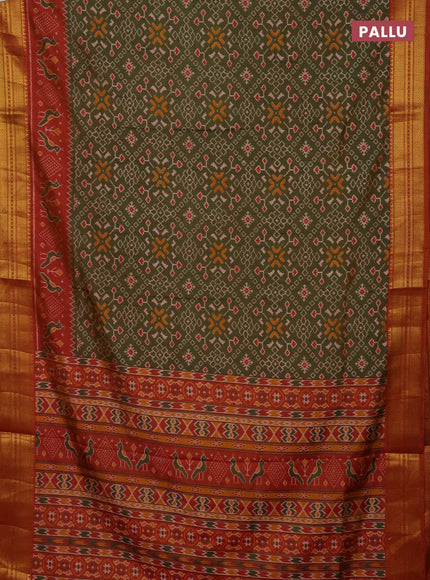 Semi tussar saree mehendi green and dark mustard with allover ikat prints and temple design zari woven border