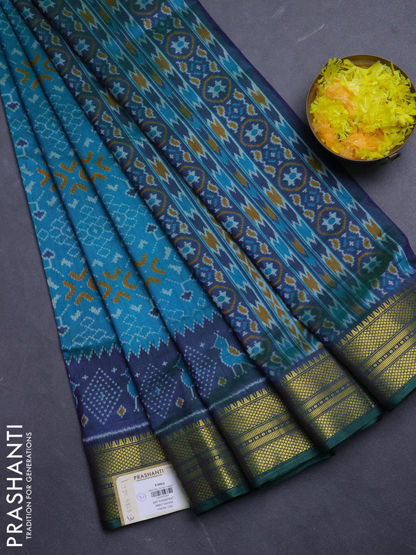 Semi tussar saree dual shade of greenish blue and dual shade of bluish green with allover ikat prints and temple design zari woven border