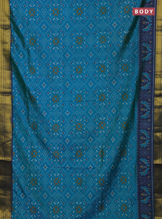 Semi tussar saree dual shade of greenish blue and dual shade of bluish green with allover ikat prints and temple design zari woven border