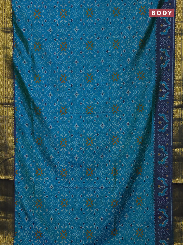 Semi tussar saree dual shade of greenish blue and dual shade of bluish green with allover ikat prints and temple design zari woven border