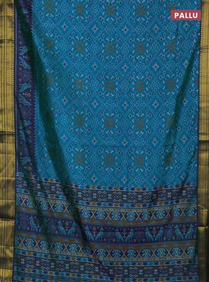 Semi tussar saree dual shade of greenish blue and dual shade of bluish green with allover ikat prints and temple design zari woven border