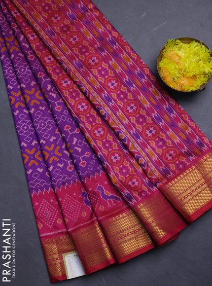 Semi tussar saree purple and pink with allover ikat prints and temple design zari woven border