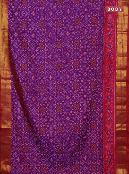 Semi tussar saree purple and pink with allover ikat prints and temple design zari woven border