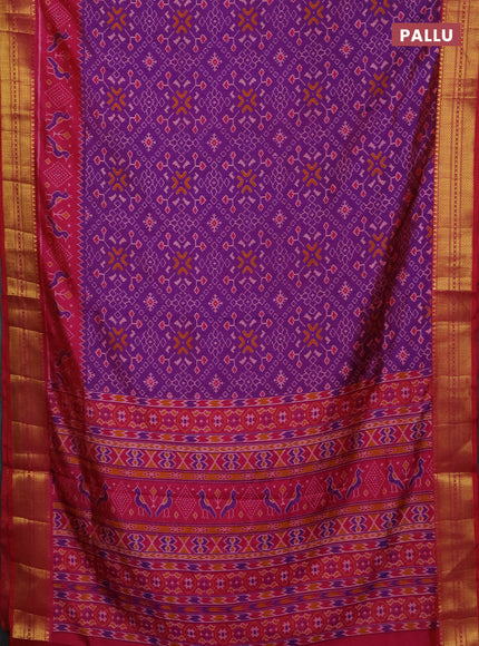 Semi tussar saree purple and pink with allover ikat prints and temple design zari woven border