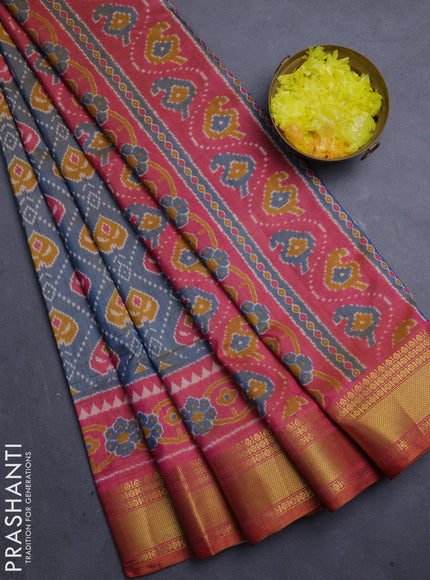 Semi tussar saree grey shade and rust shade with allover ikat butta prints and zari woven border
