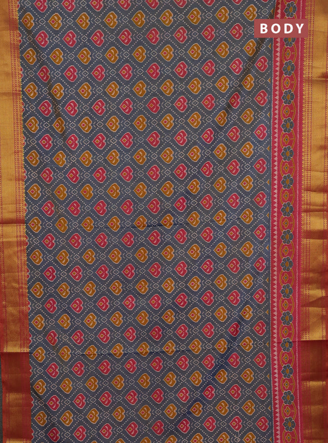 Semi tussar saree grey shade and rust shade with allover ikat butta prints and zari woven border