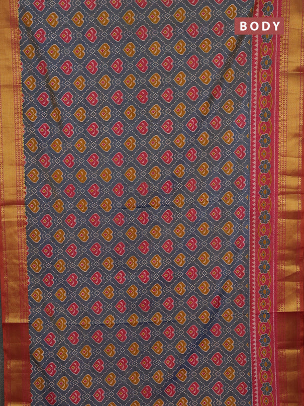 Semi tussar saree grey shade and rust shade with allover ikat butta prints and zari woven border