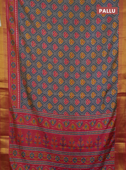 Semi tussar saree grey shade and rust shade with allover ikat butta prints and zari woven border