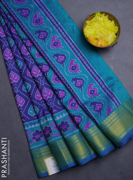 Semi tussar saree blue and teal green with allover ikat butta prints and zari woven border