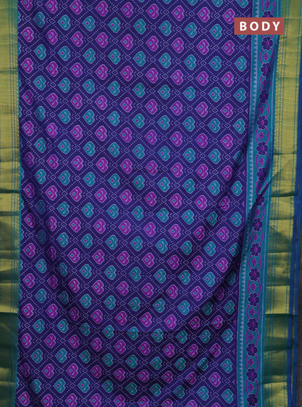 Semi tussar saree blue and teal green with allover ikat butta prints and zari woven border