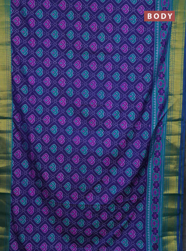 Semi tussar saree blue and teal green with allover ikat butta prints and zari woven border