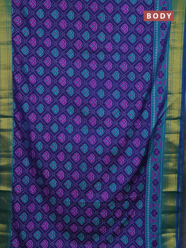 Semi tussar saree blue and teal green with allover ikat butta prints and zari woven border