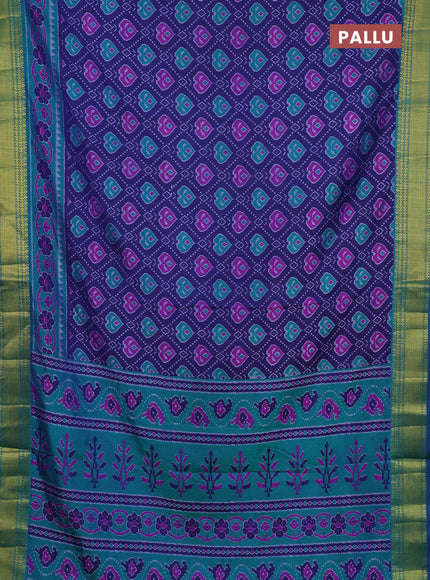Semi tussar saree blue and teal green with allover ikat butta prints and zari woven border