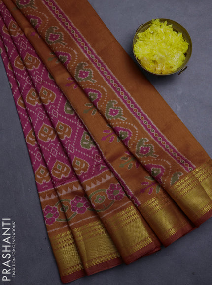 Semi tussar saree dark pink and orange with allover ikat butta prints and zari woven border