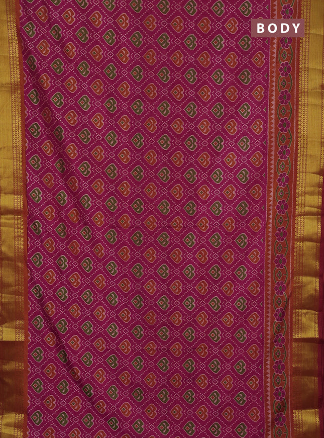 Semi tussar saree dark pink and orange with allover ikat butta prints and zari woven border