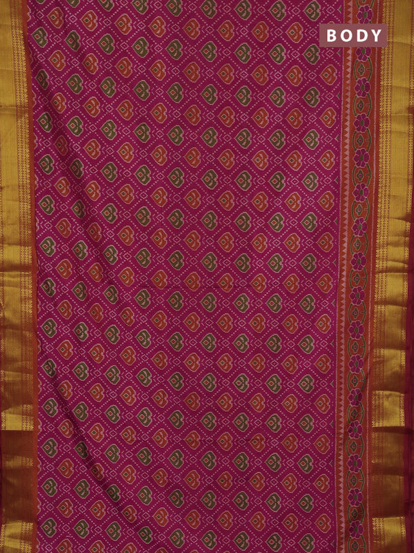 Semi tussar saree dark pink and orange with allover ikat butta prints and zari woven border