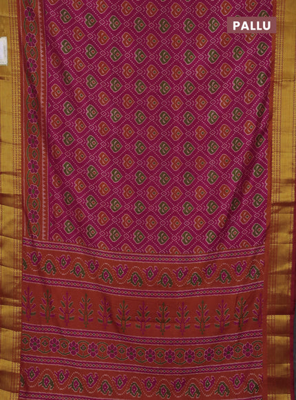 Semi tussar saree dark pink and orange with allover ikat butta prints and zari woven border