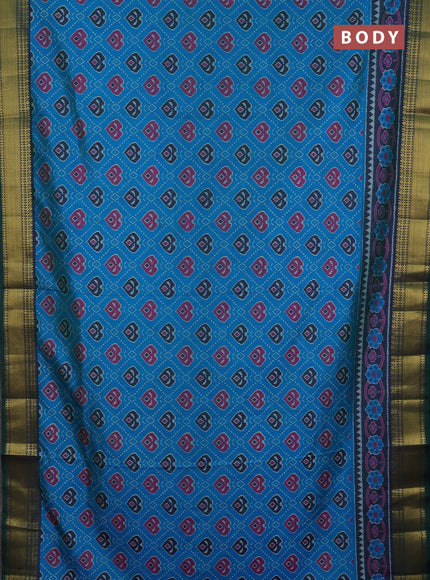 Semi tussar saree cs blue and bottle green with allover ikat butta prints and zari woven border