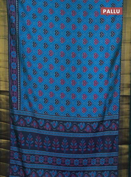 Semi tussar saree cs blue and bottle green with allover ikat butta prints and zari woven border