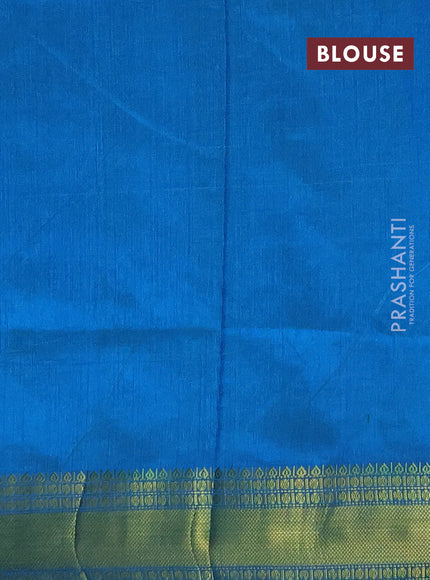 Semi tussar saree cs blue and green with allover zigzag ikat prints and zari woven border