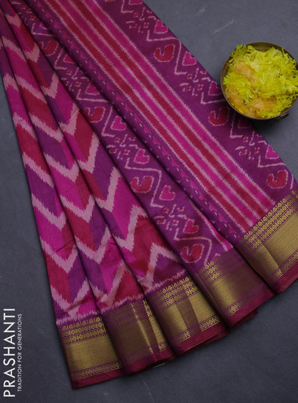 Semi tussar saree pink and purple with allover zigzag ikat prints and zari woven border