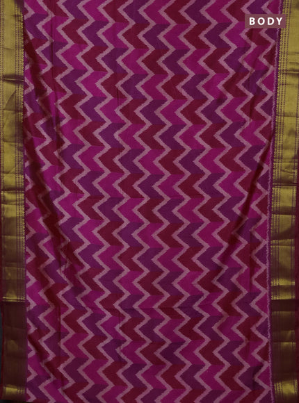 Semi tussar saree pink and purple with allover zigzag ikat prints and zari woven border