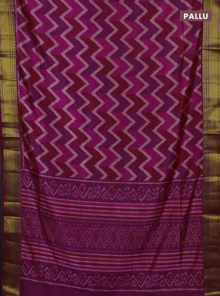 Semi tussar saree pink and purple with allover zigzag ikat prints and zari woven border