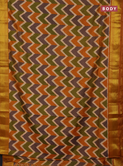 Semi tussar saree mehendi green and mustard yellow with allover zigzag ikat prints and zari woven border