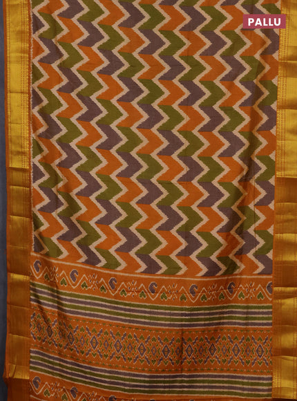 Semi tussar saree mehendi green and mustard yellow with allover zigzag ikat prints and zari woven border