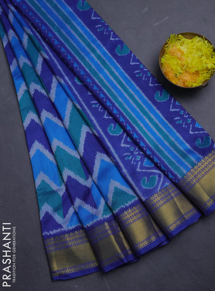 Semi tussar saree multi colour and blue with allover zigzag ikat prints and zari woven border