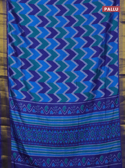 Semi tussar saree multi colour and blue with allover zigzag ikat prints and zari woven border