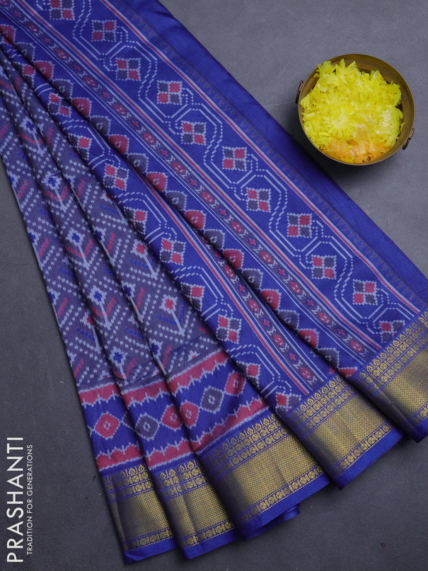 Semi tussar saree dual shade of greyish blue and blue with allover ikat butta prints and zari woven border