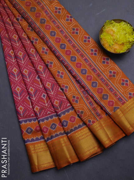 Semi tussar saree dual shade of pink and dark mustard with allover ikat butta prints and zari woven border
