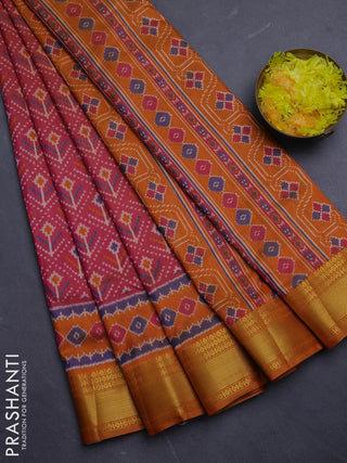 Semi tussar saree dual shade of pink and dark mustard with allover ikat butta prints and zari woven border