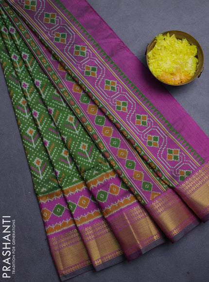 Semi tussar saree mehendi green and purple with allover ikat butta prints and zari woven border