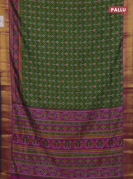 Semi tussar saree mehendi green and purple with allover ikat butta prints and zari woven border