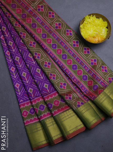 Semi tussar saree purple and mehendi green with allover ikat butta prints and zari woven border