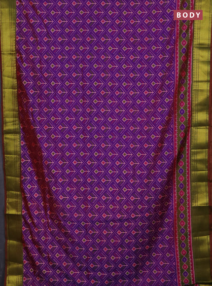 Semi tussar saree purple and mehendi green with allover ikat butta prints and zari woven border