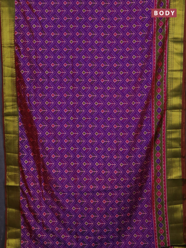 Semi tussar saree purple and mehendi green with allover ikat butta prints and zari woven border